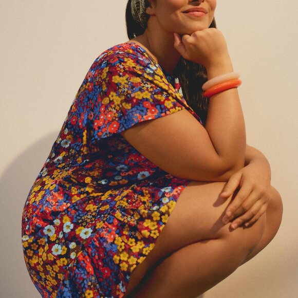 Anthropologie Ruffled Satin Mini Dress in Black Motif Size 14 - Picture 2 of 8